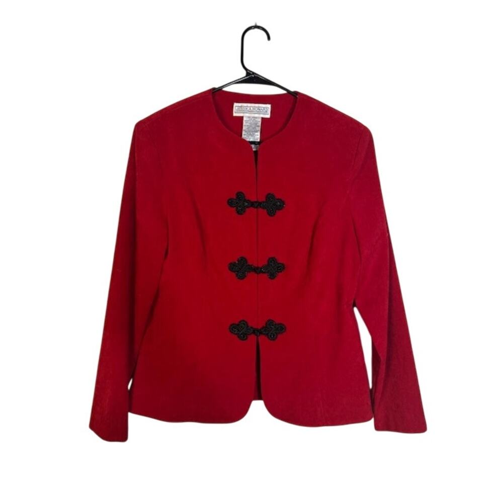 Vintage Jessica Howard Red Velour Long Sleeve Jacket Black Buttons Women’s 12
